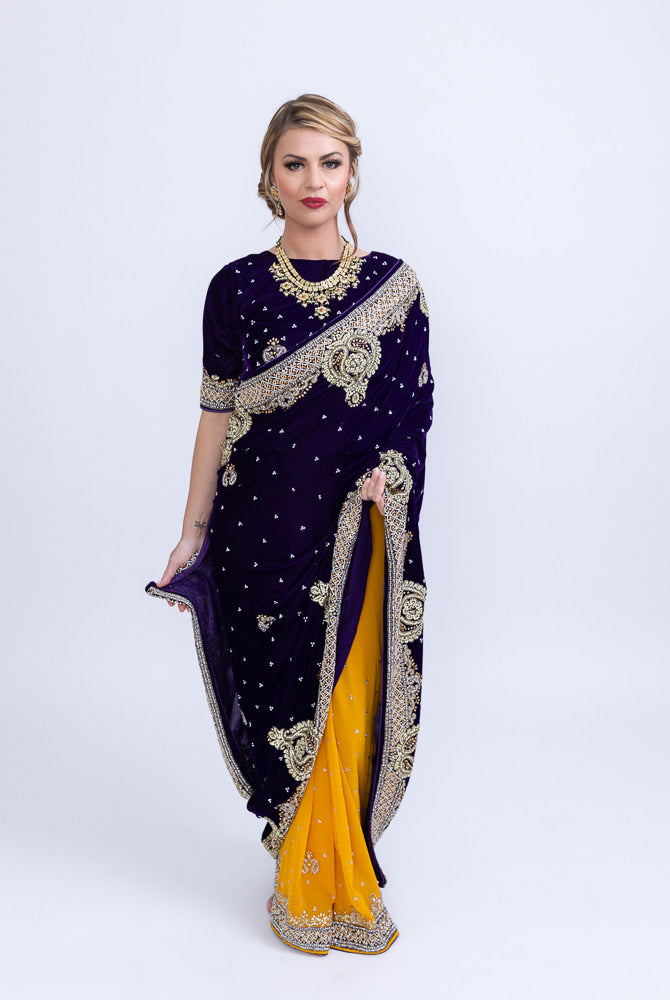 Ezra - Purple Velvet And Yellow Georgette Sari